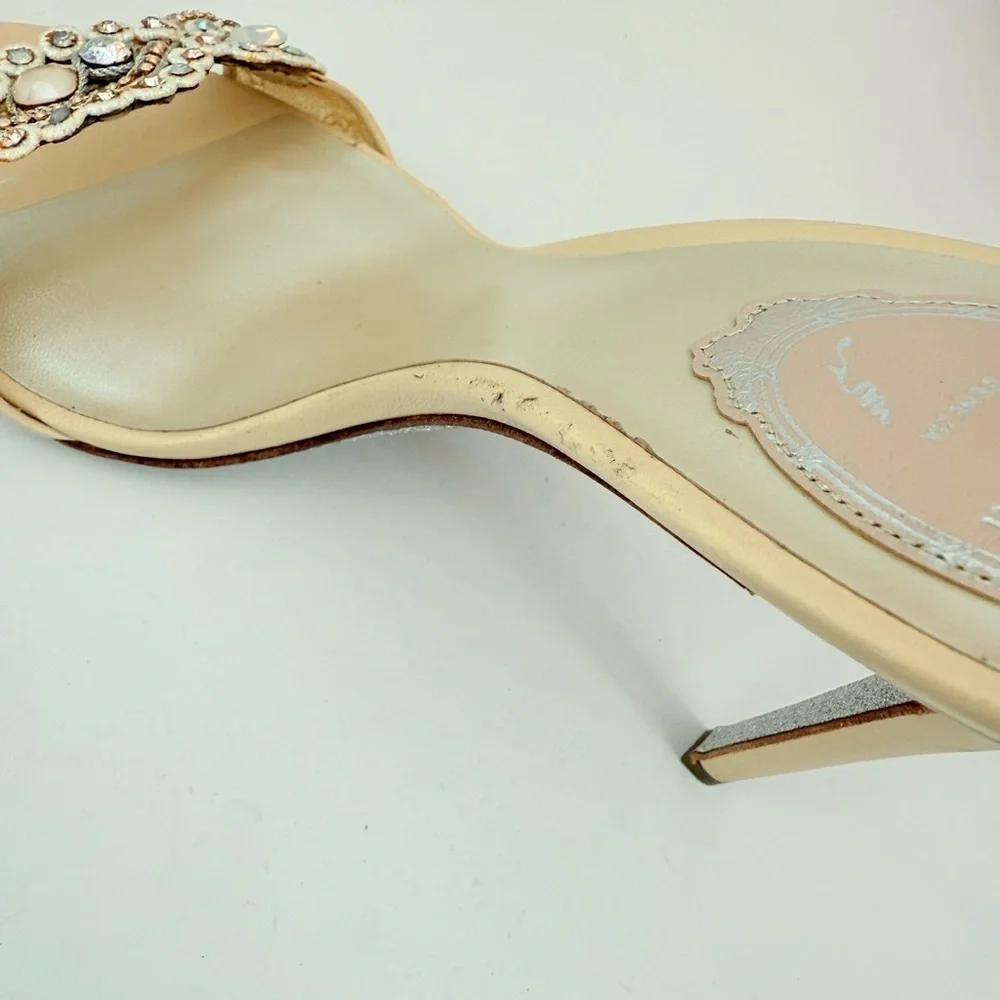 Rene Caovilla Beige Multicolor crystal embellished Wrap around ankle heels 39.5
